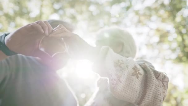 Couple retraité plus âgé faisant cœur avec leurs mains. Concentration sélective — Video