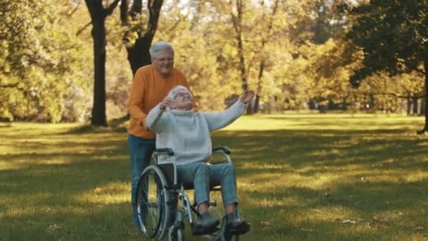 공원에는 노부부가 있다. 휠체어에 손을 펴고 장애인 아내를 밀고 있는 남편 — 비디오