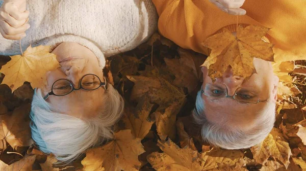 Starsza para leżąca na terenie lasu i bawiąca się żółtymi jesiennymi liśćmi. Miłość i romans w podeszłym wieku — Zdjęcie stockowe