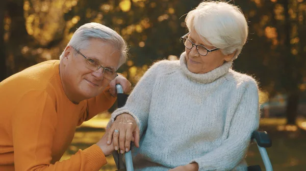 Pareja mayor teniendo un romántico día de otoño en el bosque. Abrazando el árbol y sonriendo —  Fotos de Stock