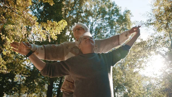 Feliz día disfrutando en el parque. Hombre mayor coqueteando con una anciana. Danza en día de otoño —  Fotos de Stock