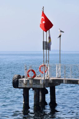 Bayrağı ve denizde martısı olan güzel bir iskele. İstanbul, Türkiye