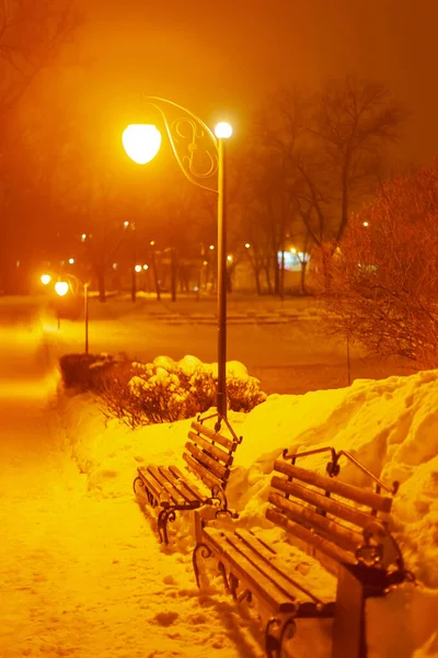 Ночной зимний переулок со скамейками — стоковое фото