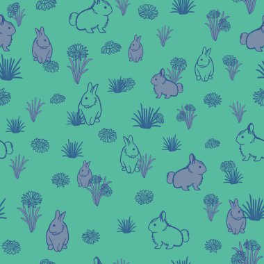 Vektör tavşanlar, çiçekler yeşil pürüzsüz desen arkaplanı