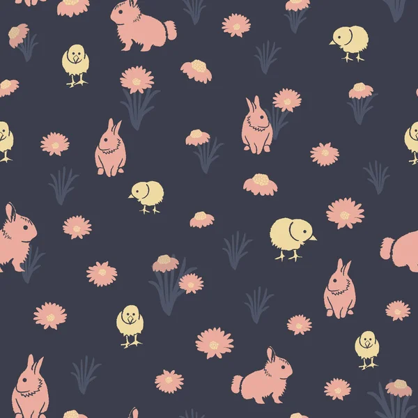 Vektör tavşanlar, civcivler, çiçekler pürüzsüz desen