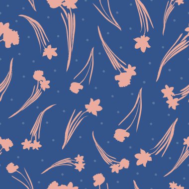 Vektör pembe çiçekler, noktalar, mavi pürüzsüz desen 