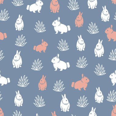 Vektör beyaz tavşan yaprakları, mavi pürüzsüz desen