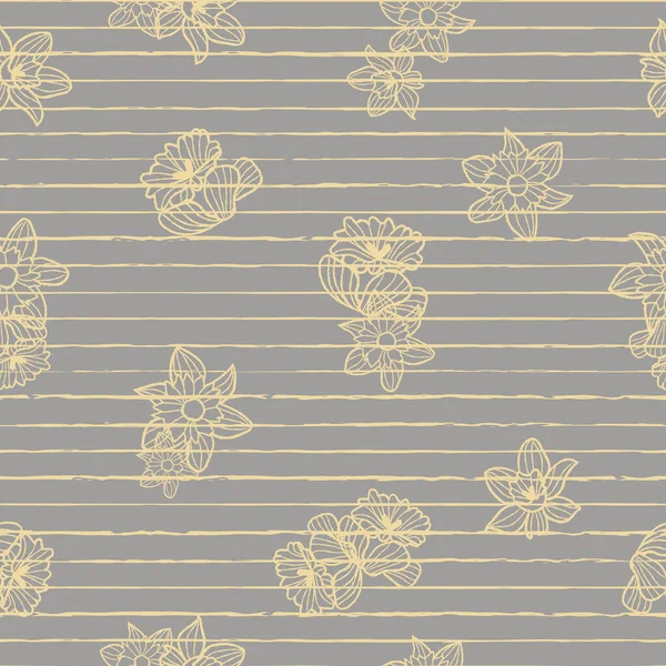 向量黄色水仙花，条纹无缝花纹灰色 — 图库矢量图片
