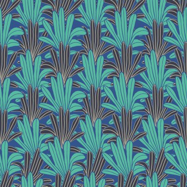 Vektör yeşil yapraklar, avuçlar mavi pürüzsüz desen