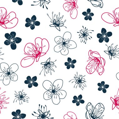 Vector koyu kiraz çiçekleri beyaz pürüzsüz desen