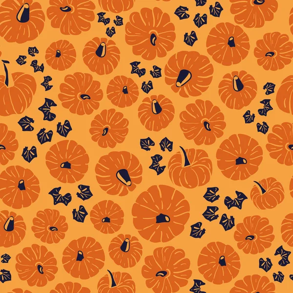 Vector orange pumpkins blue seamless pattern leaves — Stock Vector