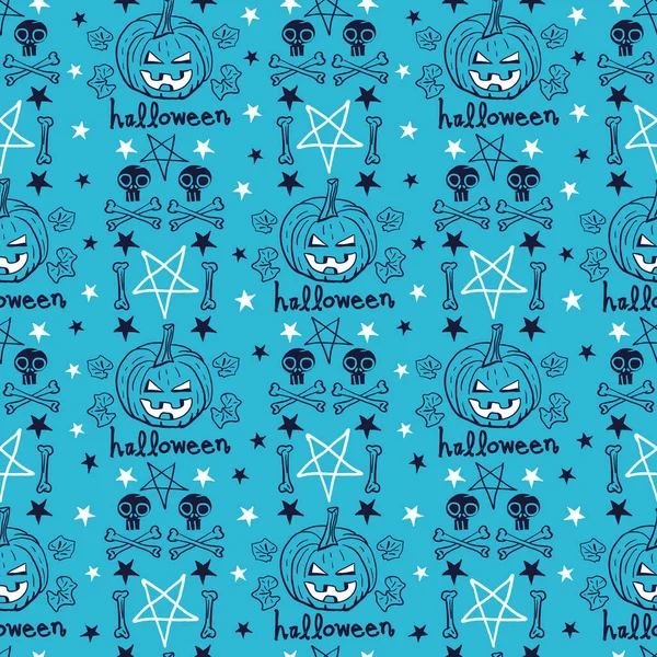 Vector pumpkins skulls bones blue seamless pattern — Stock Vector