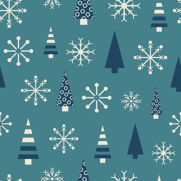 Vector azul blanco copo de nieve patrón sin costuras árbol — Vector de stock