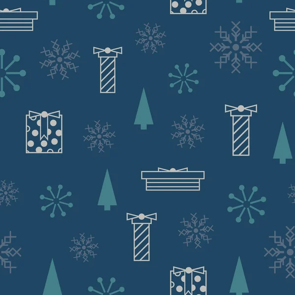Vector blauw grijs sneeuwvlokken geschenken naadloos patroon — Stockvector