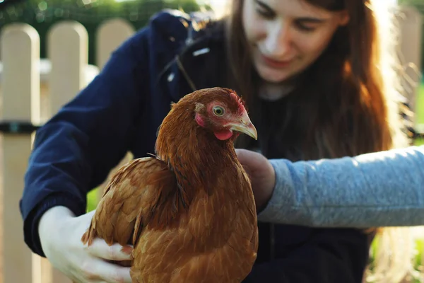 Woman holding a chicken farm