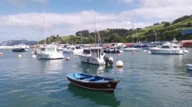 Bermeo 'nun balıkçı limanına demirlemiş tekneler güneşli bir yaz öğleninde, Bask Ülkesi' nde