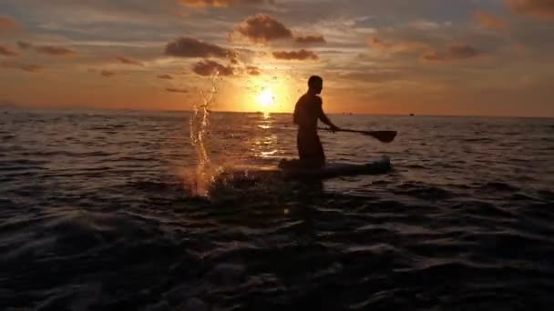 Jovem Fazendo Paddle Surf Enquanto Sol Põe Mar — Vídeo de Stock