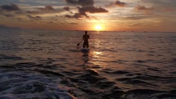 Młody Chłopiec Surfuje Wiosłach Podczas Gdy Słońce Zachodzi Nad Morzem — Wideo stockowe