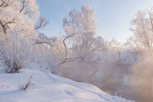 Weihnachtslandschaft Mit Einem Schwimmenden Fluss Umgeben Von Gefrorenen Bäumen Frostiger — Stockfoto