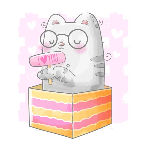 Gatito Una Caja Con Una Tarjeta Amor — Vector de stock