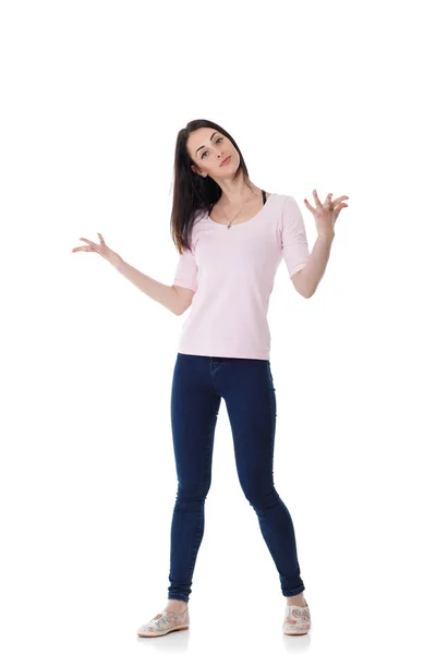 Beautiful brunette woman in pink t-shirt — Stock Photo, Image