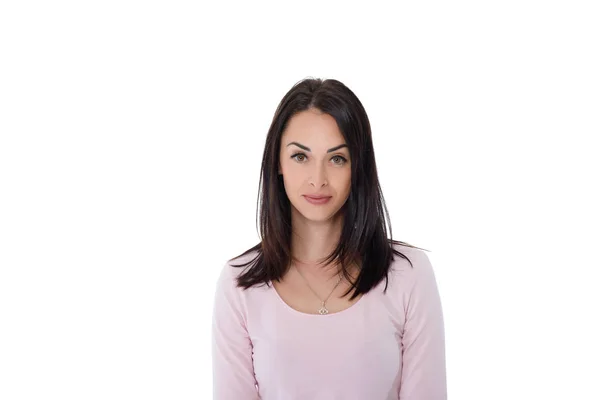 Bella donna bruna in t-shirt rosa — Foto Stock
