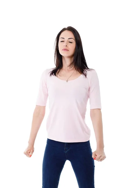 Beautiful brunette woman in pink t-shirt — Stock Photo, Image