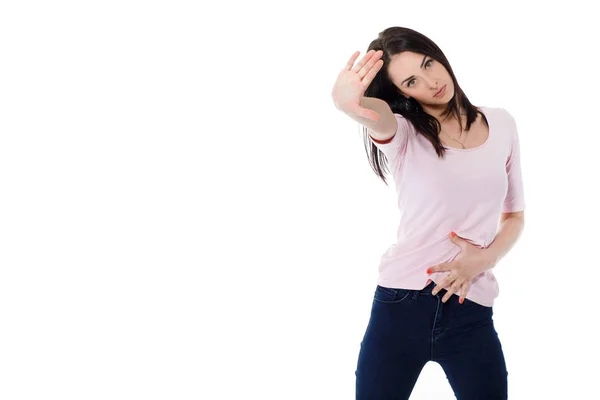 Beautiful brunette woman in pink t-shirt — Stock Photo, Image