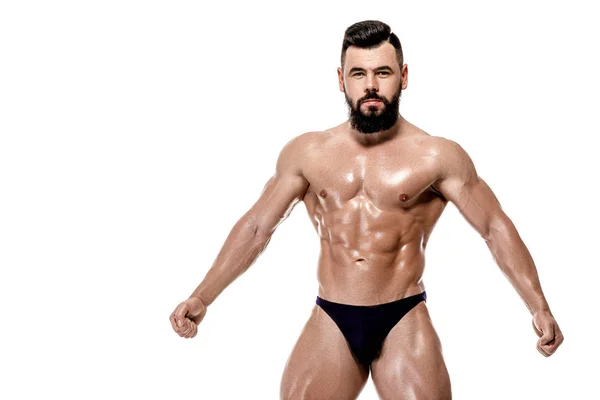 Ισχυρή bodybuilder σε λευκό φόντο — Φωτογραφία Αρχείου