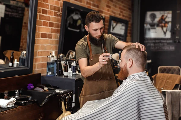 Hairdresser Does Haircut Bearded Man Barber Shop — Stock Photo, Image