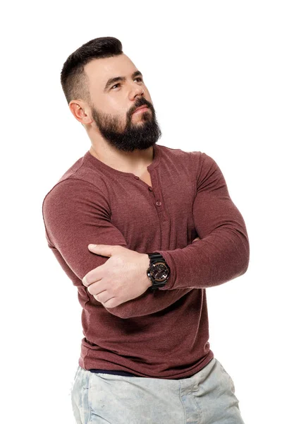 Giovane uomo barbuto serio isolato su sfondo bianco — Foto Stock