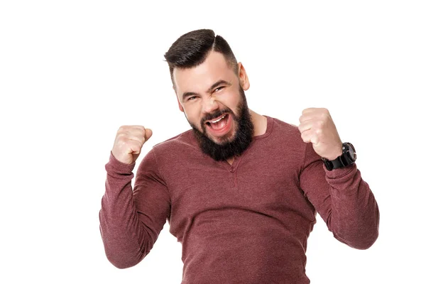 Tifoso di calcio barbuto in berretto che celebra . — Foto Stock