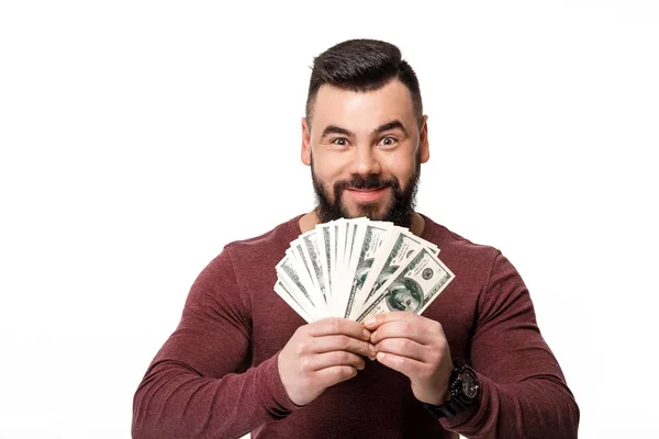 Férfi szakállal gazdaság pénz dollár számlák — Stock Fotó
