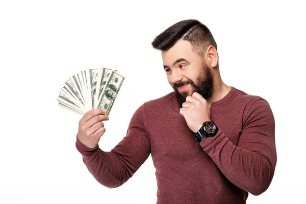 Людина з бородою тримає доларові купюри — стокове фото