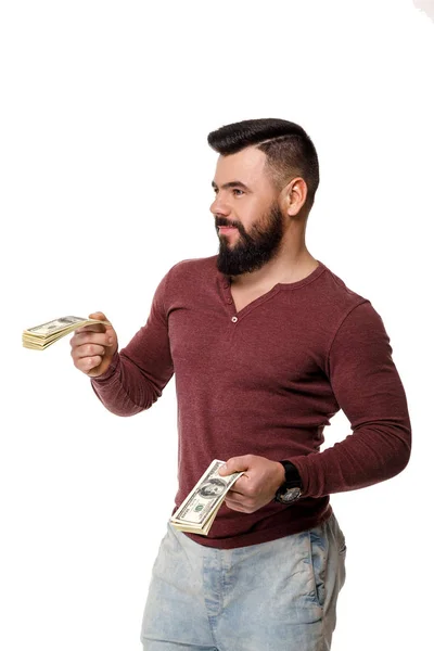 Homem com barba segurando dinheiro — Fotografia de Stock