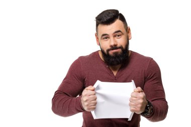 sakallı adam beyaz kart tutan.