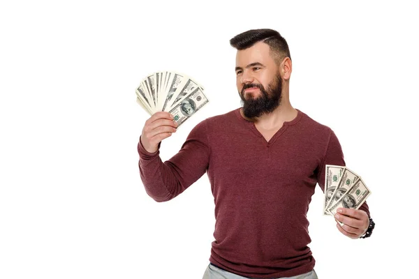 Férfi szakállal gazdaság pénz — Stock Fotó