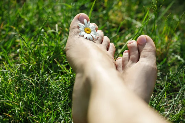 Telanjang kaki dengan daisy di rumput hijau — Stok Foto