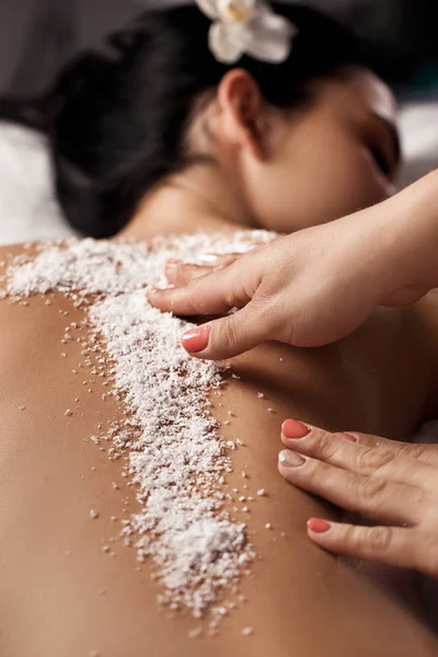 Relaxed Beautiful Young Woman Receiving Massage Salt Peeling Spa Salon — Stock Photo, Image