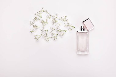 Parfüm ve çiçek yaprakları üstten görünüm