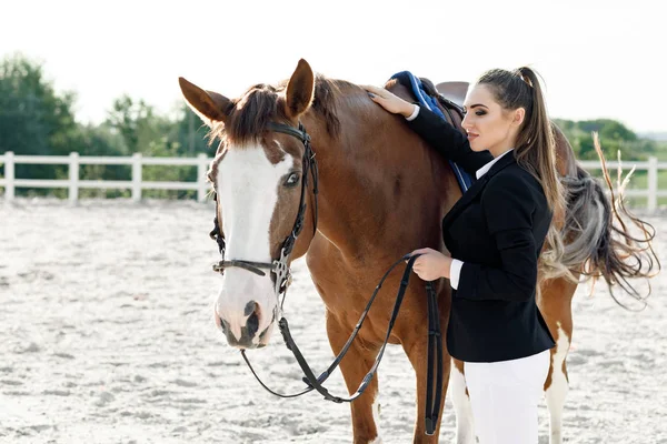 Jinete elegante mujer cabalgando su caballo fuera — Foto de Stock