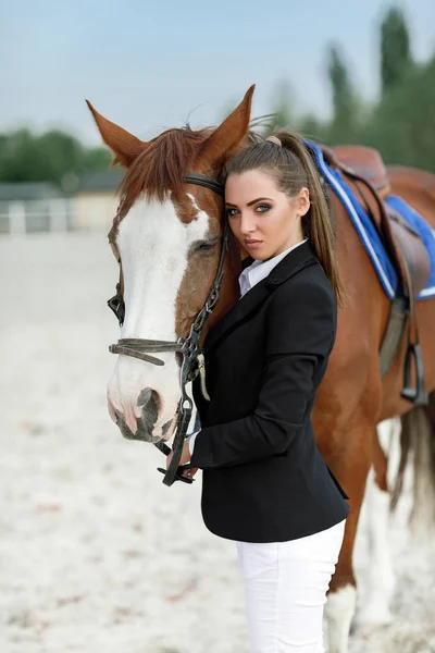 Jinete elegante mujer cabalgando su caballo fuera — Foto de Stock