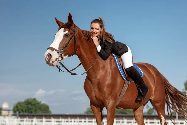 Jinete elegante mujer cabalgando su caballo fuera — Foto de Stock