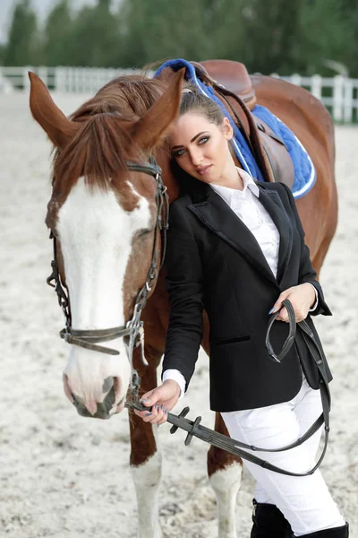 Cavaleiro mulher elegante montando seu cavalo fora — Fotografia de Stock