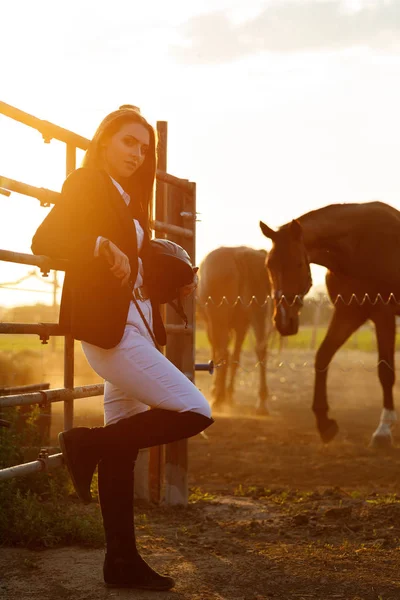 Jinete mujer con látigo al atardecer — Foto de Stock