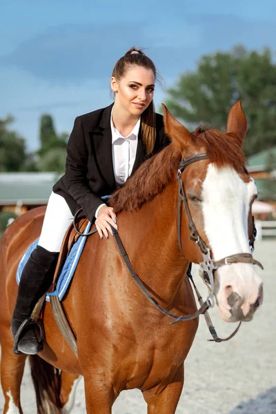 Jinete elegante mujer cabalgando su caballo fuera — Foto de Stock