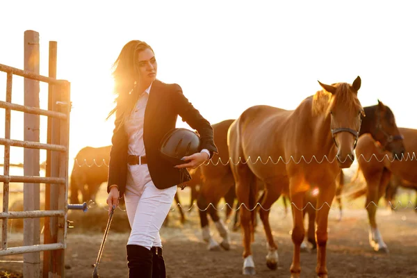 Rider woman with whip at the sunset — Stock Photo, Image