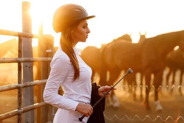 Rider woman with whip at the sunset — Stock Photo, Image