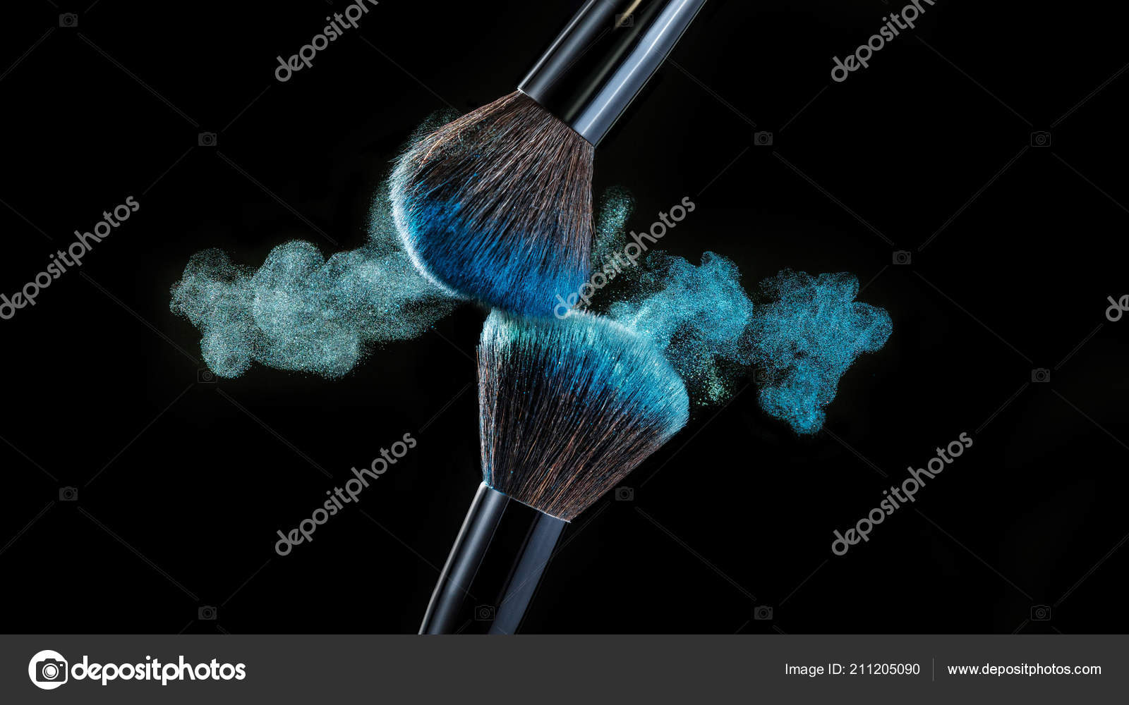 Make up brush with powder splashes on black background Stock Photo by