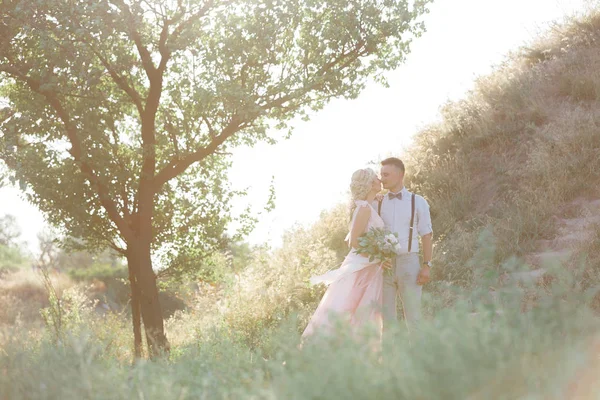 Casal de casamento na natureza no dia de verão . — Fotografia de Stock